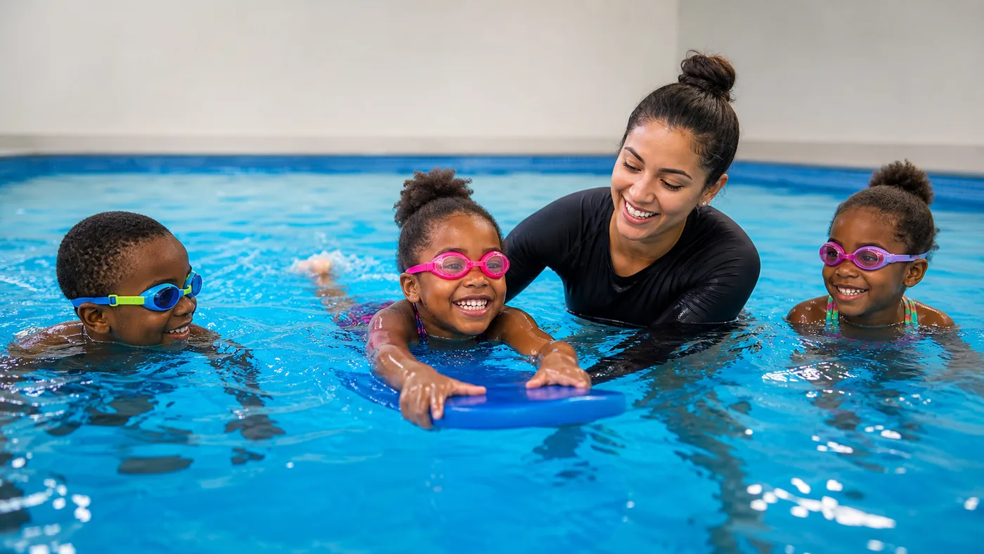 Beginner swimmers building confidence during learn to swim lessons in a heated indoor pool in Randburg