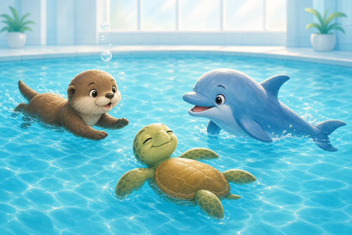 Soft illustration of an otter, turtle and dolphin practising water confidence without floaties in bright blue water