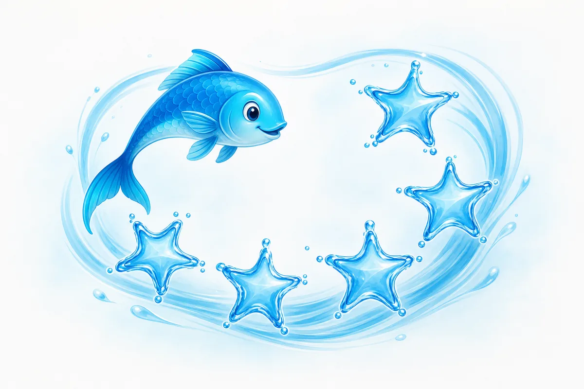 Illustrated blue fish swimming around five water stars for Swimmly Swim School swimming lesson testimonials in Randburg